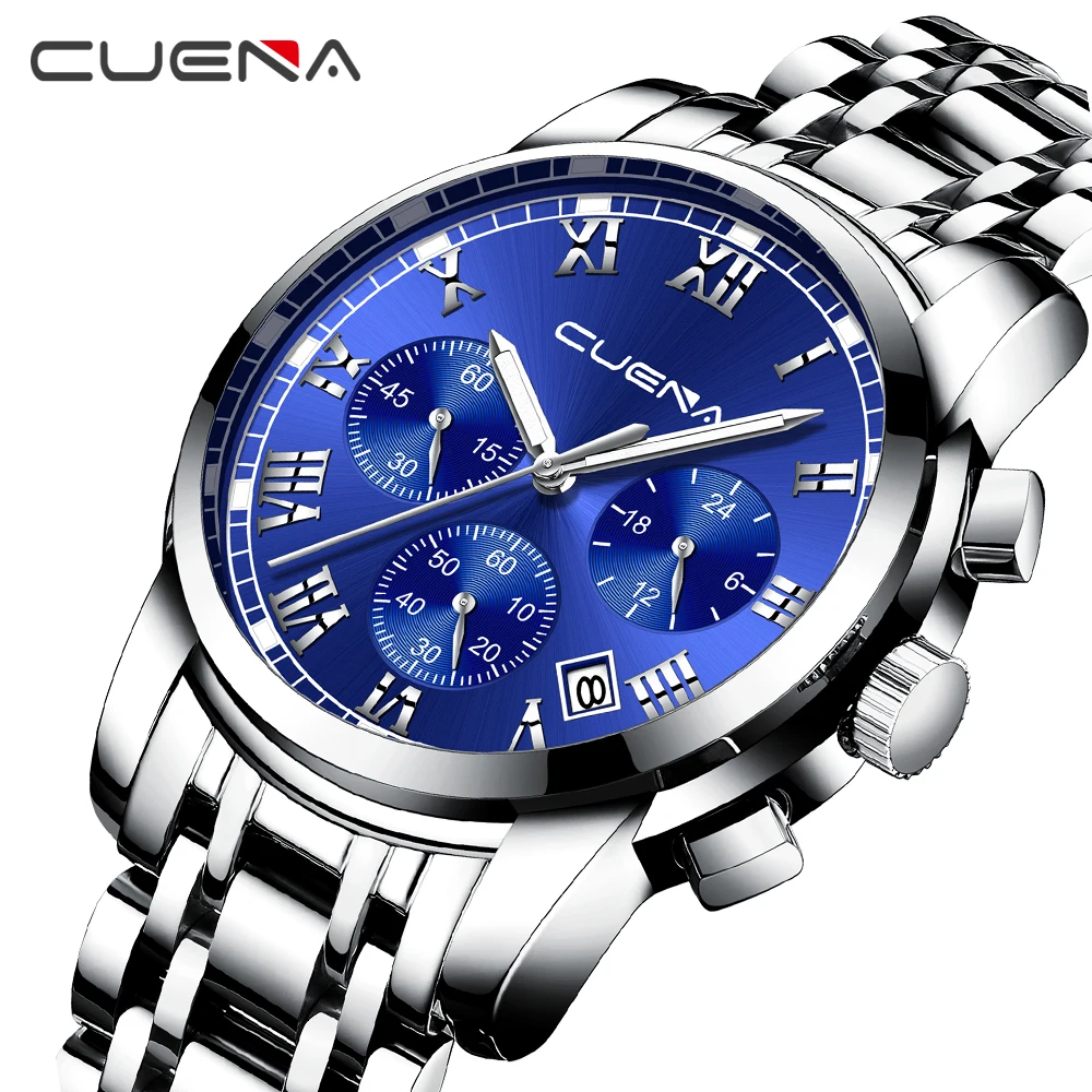 

CUENA Top Brand Luxury Quartz Watch Men Stainless Steel Strap Blue Dial Chronograph 6 Hands Calendar Waterproof Wrist Watches