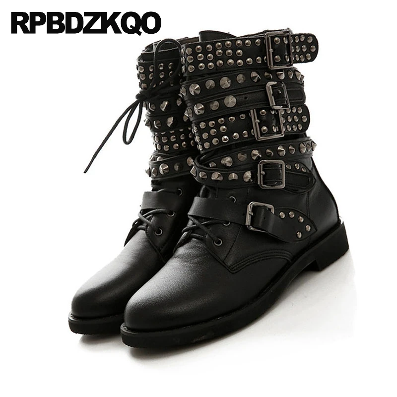 Байкерские ботинки с заклепками, украшенные металлическими заклепками, черные, 10, Роскошные, расклешённые, без шнуровки, на плоской подошве, с круглым носком, в стиле панк-рок, размеры 41