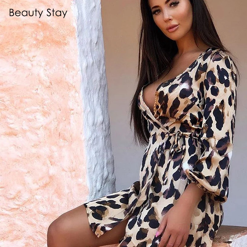 Женское леопардовое Платье Beauty Stay с v образным вырезом длинным рукавом поясом