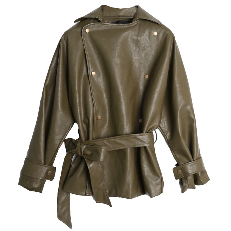 [EAM] 2019 New Spring Solid Color PU Leather Coat Slim Short Lace Up Shrink Waist Jacket Women Fashion Tide LA940