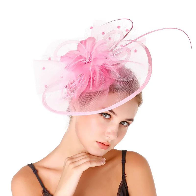 FGHGF Fascinators Шапки для Для женщин цветок сетка ленты перо оголовье дамы Hairclip девушка Race Дерби Свадебные Чай вечерние Головные уборы