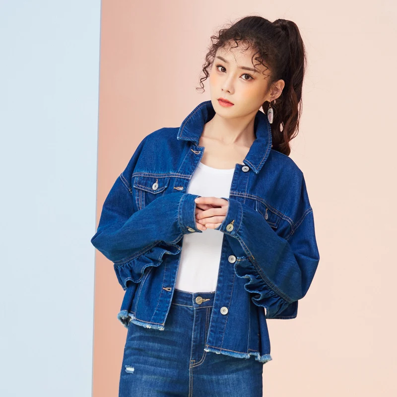 discount  Metersbonwe 2019 New Denim Jacket Female Spring Loose Casual Ruffled Denim Jacket Sweet Fresh Jeans