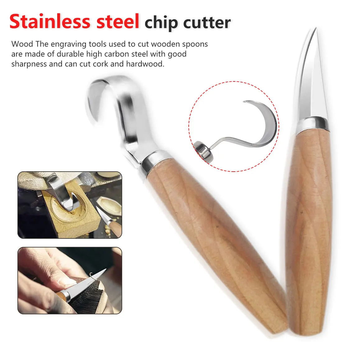 

Carving Knife 2pcs/set Stainless Steel Woodcarving Cutter Woodwork Sculptural DIY Wood Handle Spoon Woodcut Tools Kit