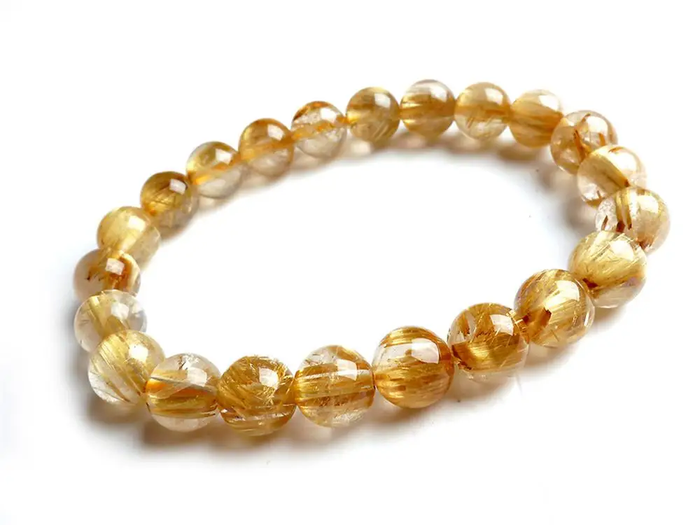 

9mm Natural Brazil Gold Rutilated Titanium Quartz Crystal Woman Man Wealthy Round Beads Bracelet Jewelry Bangle AAAA
