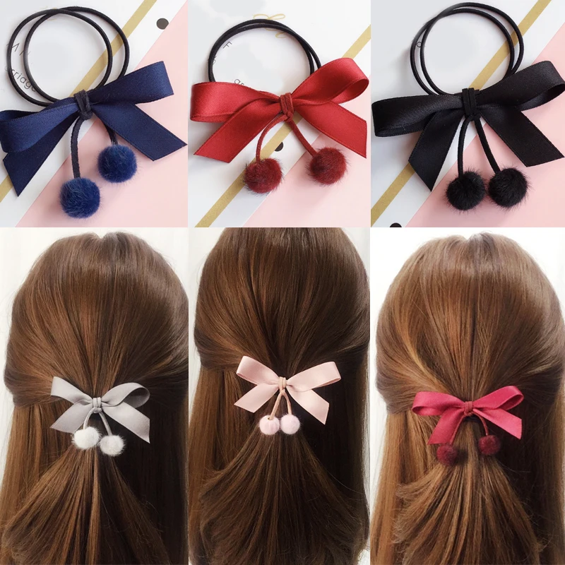 

Head flower Elasticity Bow flannel Hair rope Autumn And Winter Girls 1 PC Hair ring Pompom Multi-layer streamers