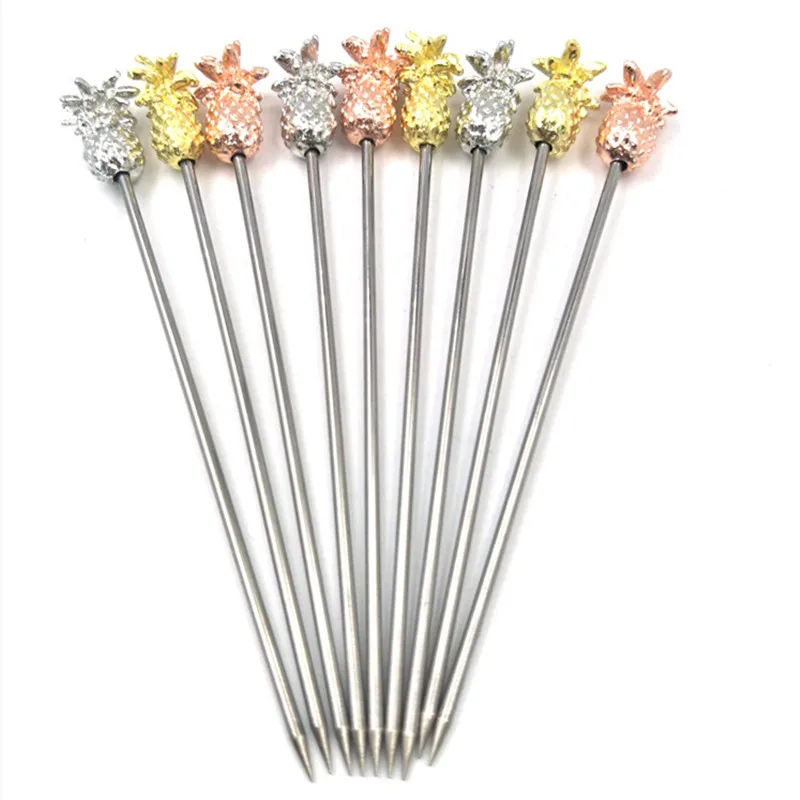 

WOFU Direct Shipping 10pcs/lot 11cm Length Stainless Steel Cocktail Picks Sticks Stir Bar Sticks Martini Picks Pineapple Handle
