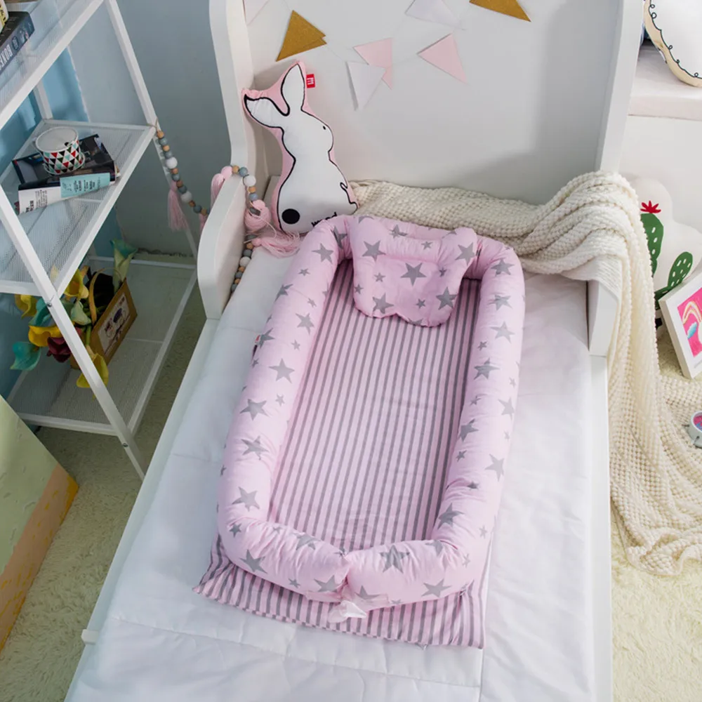 Детская кровать для новорожденных, кровать для новорожденных, переносная моющаяся дорожная кроватка, мягкая хлопковая детская Защитная Колыбель - Цвет: pink stars