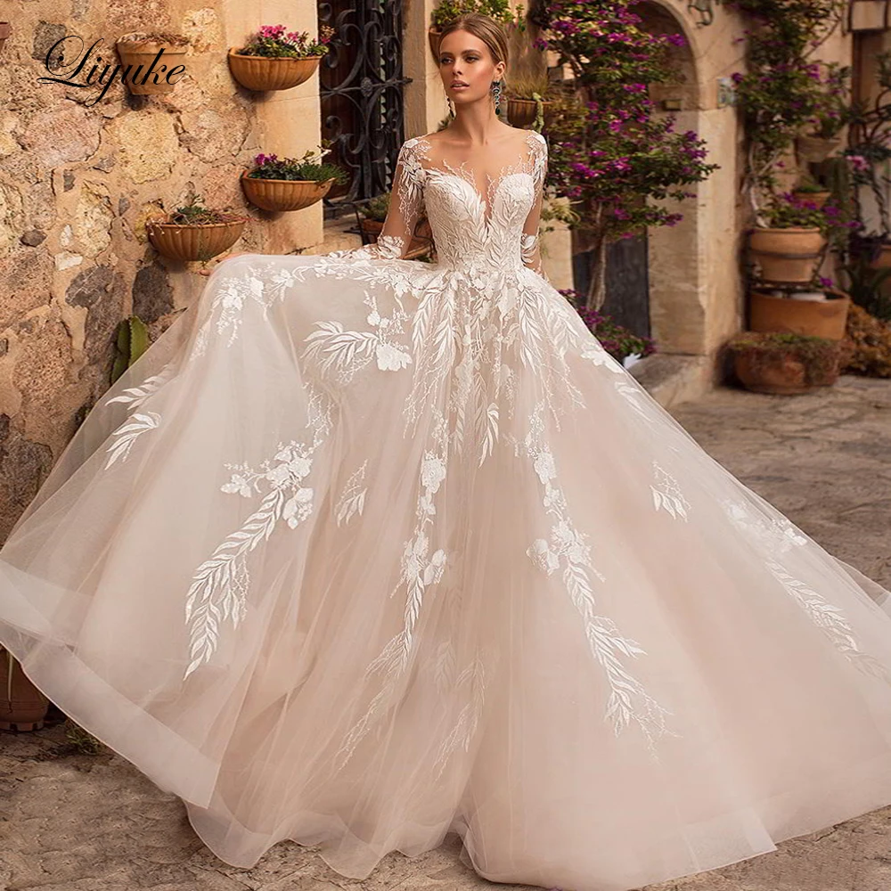 Liyuke Full Sleeves Elegant Lace Wedding Dress Beading Sequined Pearls Appliques Bridal Gowns Vestido De Noiva
