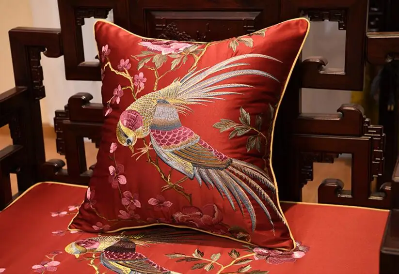 Классическая Феникс Подушка с внутренним 50x50 см подушка вышивка сатиновая Подушка на стул, декоративный светильник - Цвет: Red