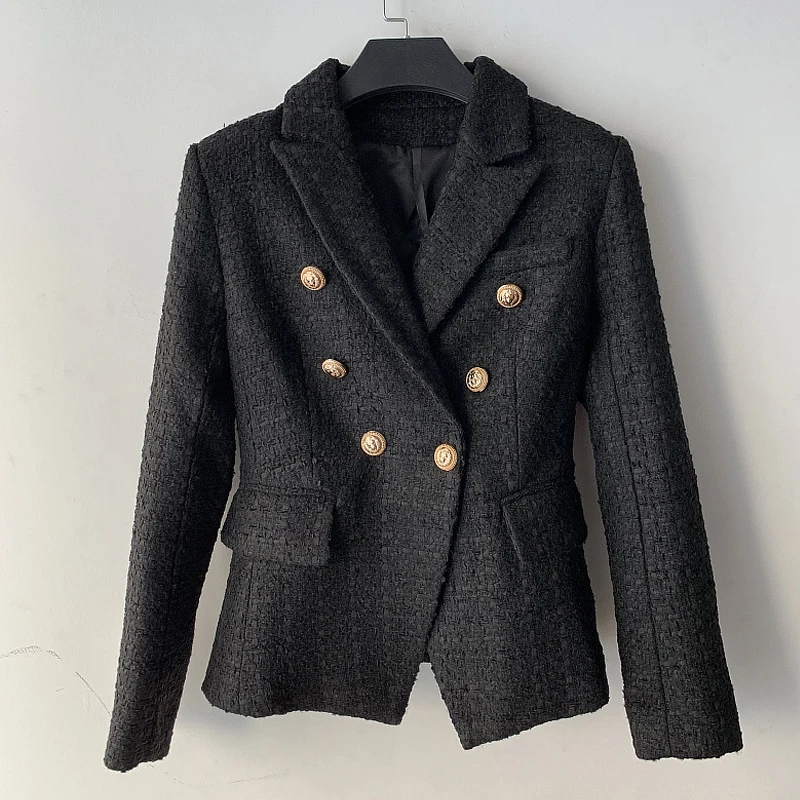 Tweed Blazer Women 2019 New Fashion Double Breasted Long Sleeve black blazer Woman Spring Autumn Elegant Slim Office Lady Blazer