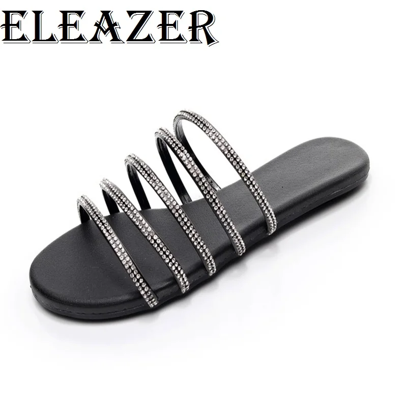 

ELEAZER Summer Women Open Toe Slipper Sweety Low Heels Slider Rhinestone Crstal Shoes