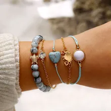 5 шт./компл. сердце Очаровательная Браслеты Набор для Для женщин модное богемное Винтаж камень кожаный цепной браслет вечерние ювелирные изделия дропшиппинг