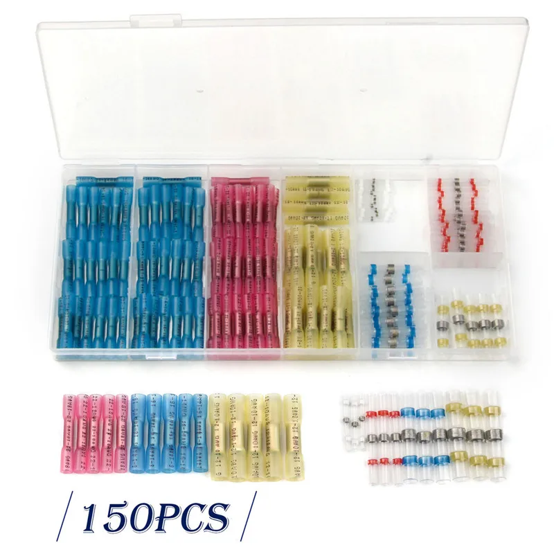 

150PCS Insulated Heat Shrink Butt Cable Wire Connectors Crimping Terminals +Solder Seal Wire Connectors Terminal Assorted Set