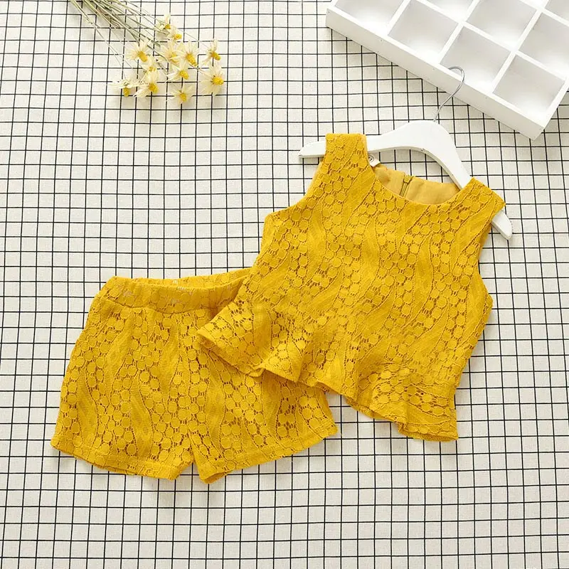 

Kid Baby Girl Shortsleeve Round Collar Lace Shirts +Shorts 2Pcs Suit Outfit set Enfant kIds Children Girls Clothing Sets