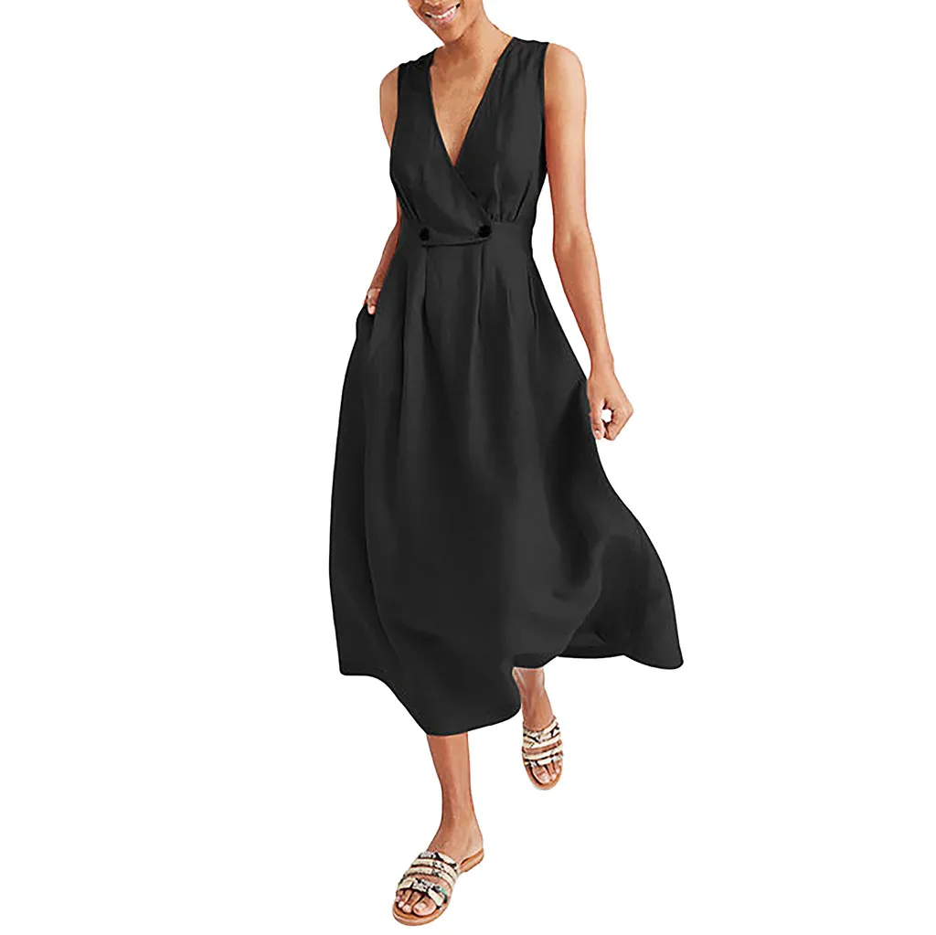 

Feitong Dress V-Neck Fit Flare Women V-Neck Solid Vest платье летнее легкое Sleeveless Button Loose Sandy Beach Mid-Calf Dresses
