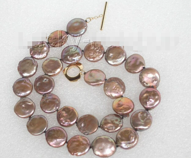 

FREE shipping Genuine 17" 13mm coffee coin fastener freshwater pearls necklace j8739