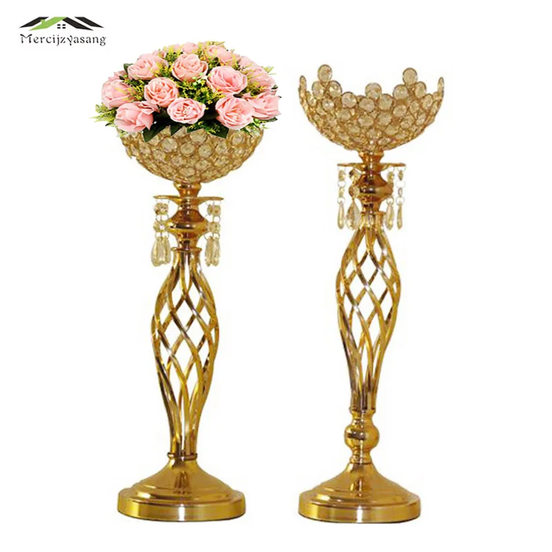 

10PCS/LOT Metal Gold/Silver Candle Holders With Crystals 55/49CM Stand Pillar Candlestick For Wedding Portavelas Candelabra 5801