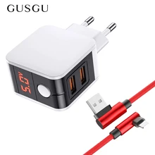 GUSGU двойной USB зарядное устройство ЕС вилка настенное зарядное устройство с 90 градусов локоть провод для быстрой зарядки данных для iPhone 7 8 X XS Max iPad USB кабель