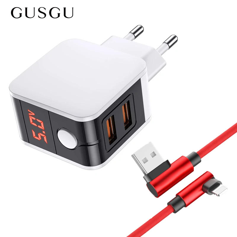 

GUSGU Dual USB Charger EU Plug Wall Charger with 90 Degree Elbow Fast Charging Cord Data for iPhone 7 8 X XS Max iPad USB Cable
