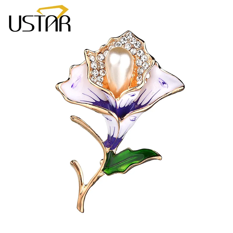 

USTAR Elegant Enamel Flower Brooches Pins for Women Created Pearl Crystals Leaf Buckle Scarf Brooch female fashion Jewelry Gifts