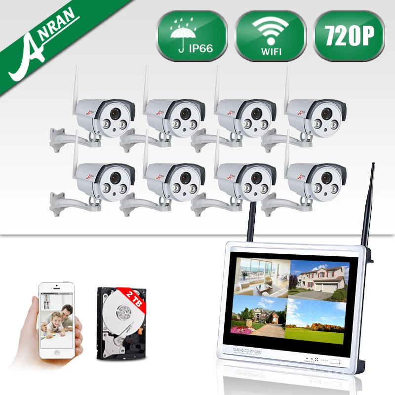 

ANRAN Plug And Play 8CH 12 Inch LCD Wireless NVR System P2P Cloud 720P HD Outdoor 2 Array IR Night Vison WIFI IP Camera 2TB HDD