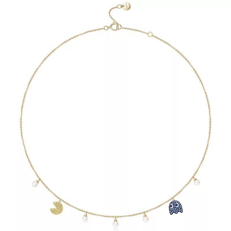 

Cute HE My Childhood Pac-Man Maze Collar Necklace With Pearl 925 Sterling Silver Zircon Chic Women Eating Beans Wedding Necklace