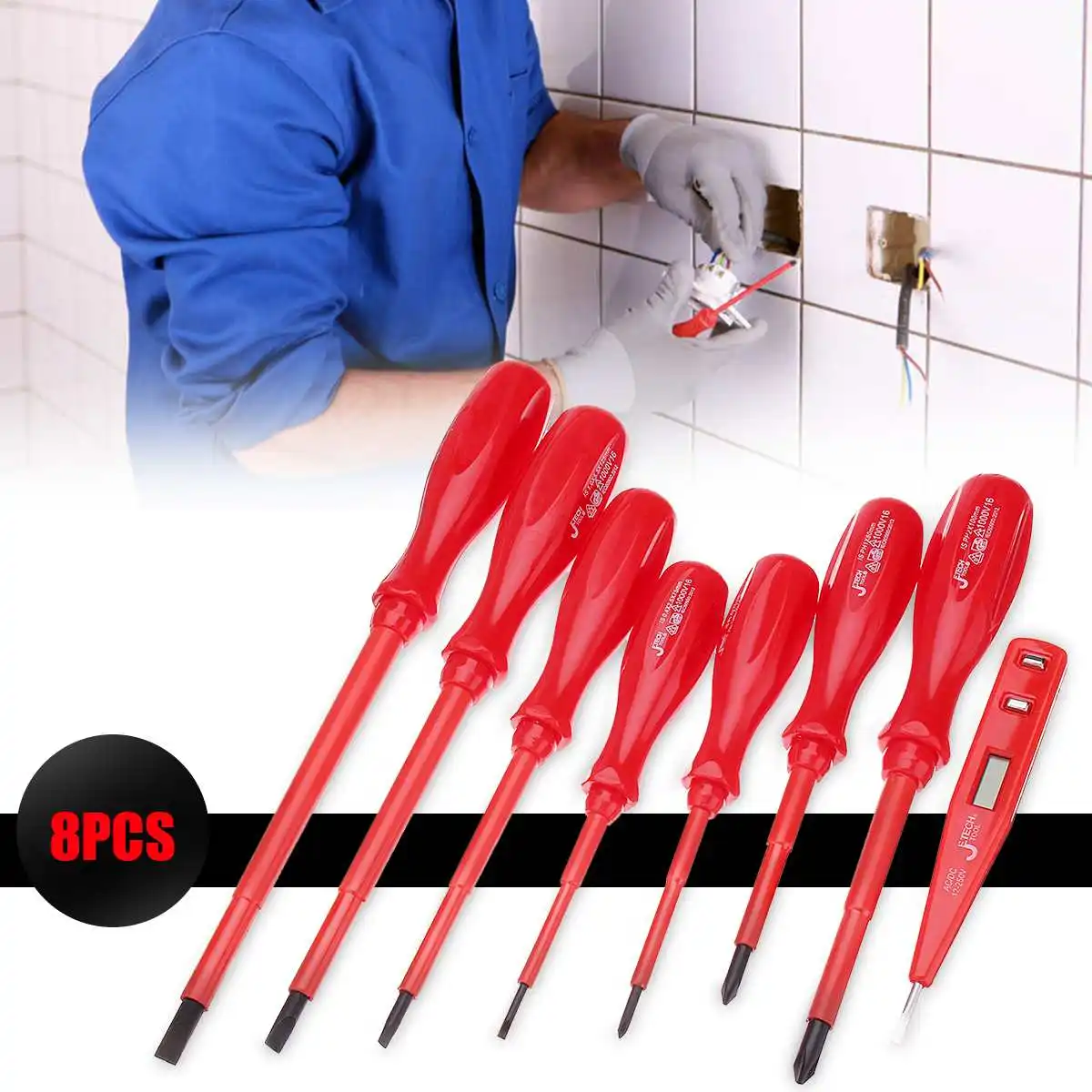 

8Pcs JTECH Insulated Magnetic Screwdriver Phillips 1000V Slotted Set Digital Electric Tester With Storage Box For Home Repair