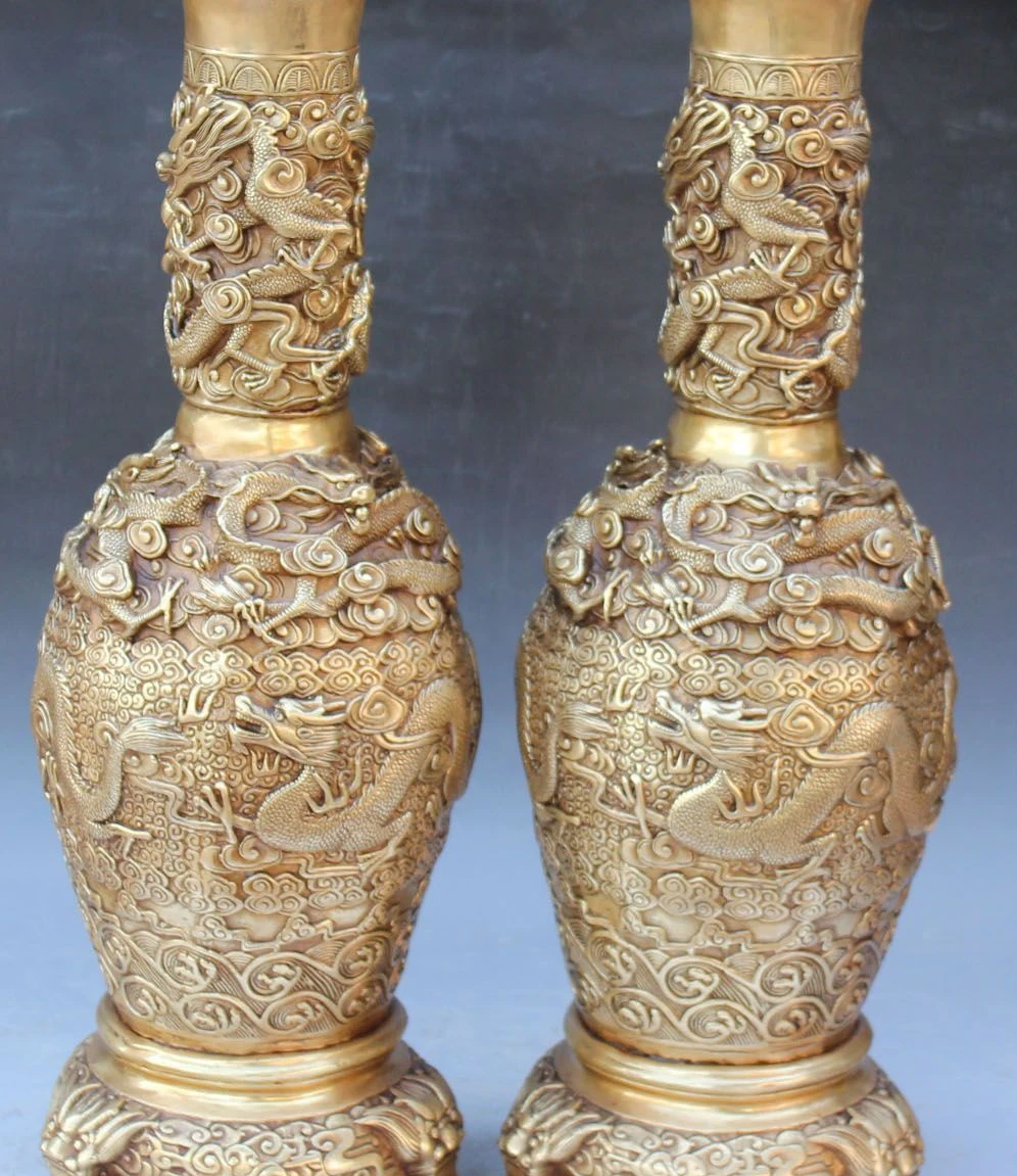 

22" Marked Chinese Bronze Dragon Play Ball Flower Vase Bottle Pot Statue Pair