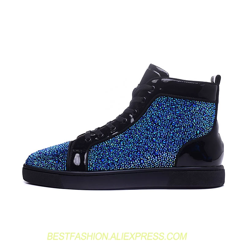 

Handmade Genuine Leather Blue Glitter High Top Shoes Mens Red Bottom Casual Lace Up Flats Men Designer Shoes For Male Sneakers