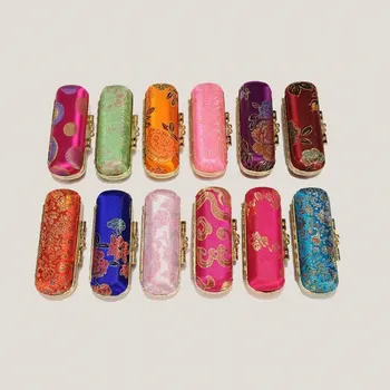 

Silk brocade Travel Jewelry Gift Boxes with Mirror Empty Lipstick Tubes Packaging Box Lip Balm Containers Storage Case