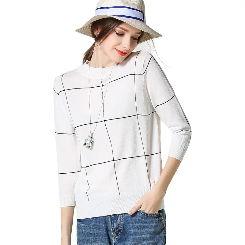 

New Arrival Fashion Knitted Women Sweater Autumn Classic White Color Casual Girl Pullovers with Black Line