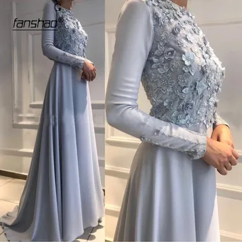 

Silver Muslim Evening Dresses Lace Appliques Long Sleeves vestidos de festa Dubai Saudi Arabic Evening Gown Prom Dress