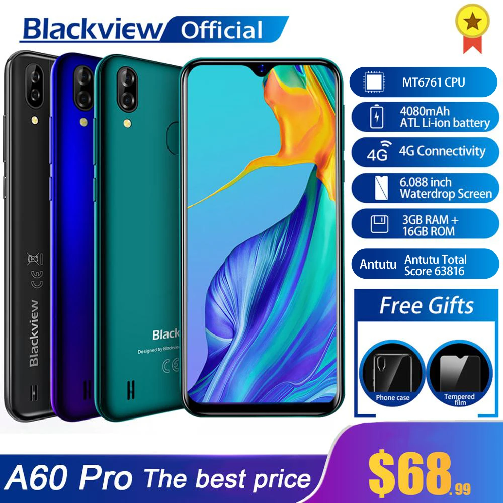 

Blackview A60 Pro Smartphone MTK6761 Quad Core Android 9.0 4080mAh Cellphone 3GB+16GB Waterdrop Screen Face ID 4G Mobile Phone