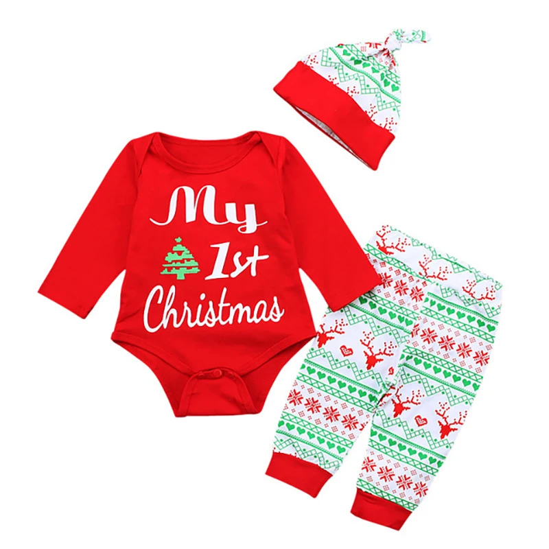 

Newborn Baby Girls Boy MY First Christmas Fashion Long Sleeve Bodysuit Stripe Pants 3Pcs Onesies + Trousers + Hat Outfits