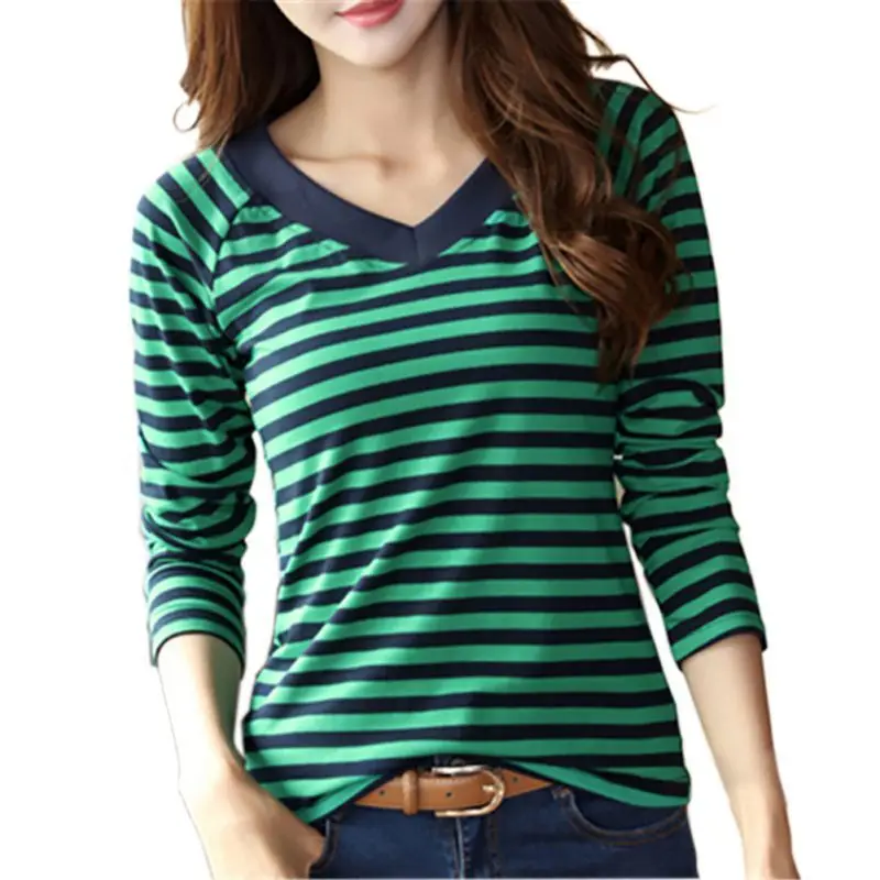 T Shirt Women Fashion Striped Long Sleeve V Neck T Shirts -1055