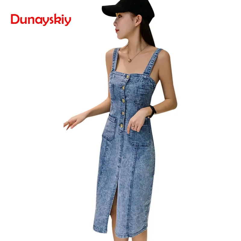 2019 Summer Women Denim Dress Sundress Cotton Overall Dress Jeans Dress with Slit Female Skinny Style Long Dresses