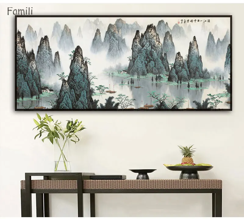 

Chinese Landscape Painting Style Canvas Art Print Painting Poster,Unframed Wall Picture of Clouds and Misty for Living Room