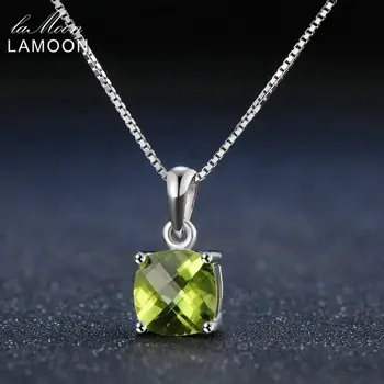 Lamoon 7mm Natural Square Peridot 925 Sterling Silver Simple Pandent Chain Necklace Women Jewelry S925  LMNI037