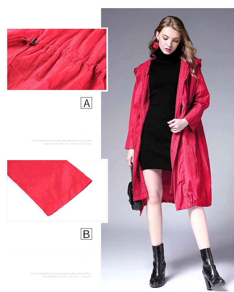 Spring Autumn new Big size long sleeve lace Hooded trench coat Large size ladies' draw string loose lace Elegant coat red black