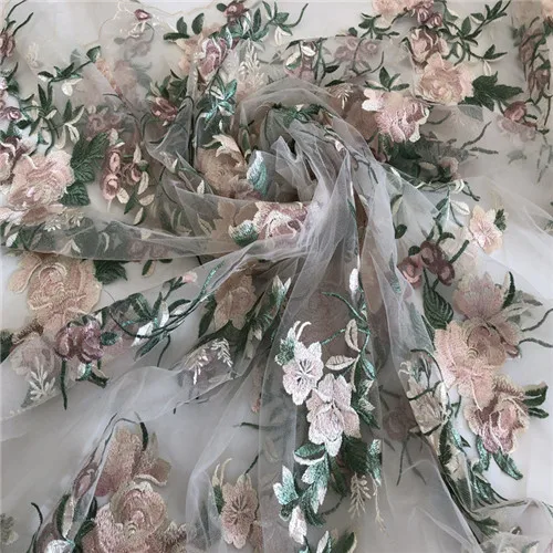 SASKIA 1 ярд цветок ткани Африканский кружевной материал пришить свадебное вечернее платье одежда сетка вышитые Ткань Лоскутное розовый - Цвет: apply  green