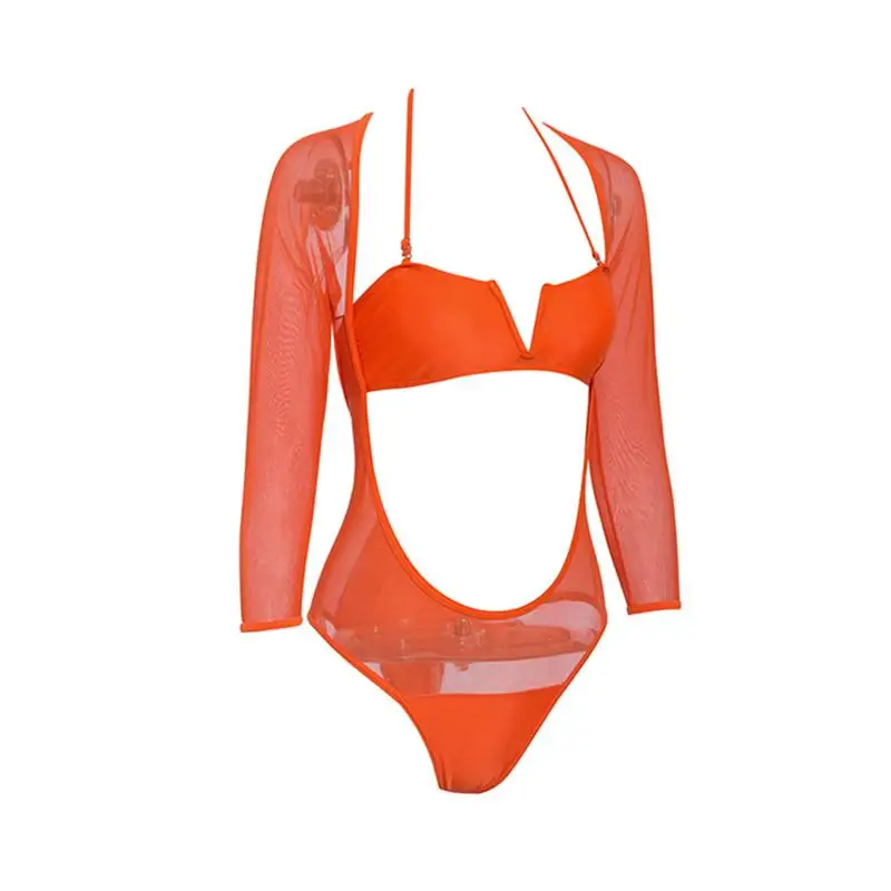In-X сетчатый сдельный купальник, женский боди с длинным рукавом, сексуальное прозрачное бикини, купальник с высокой посадкой, Женский оранжевый Монокини XL