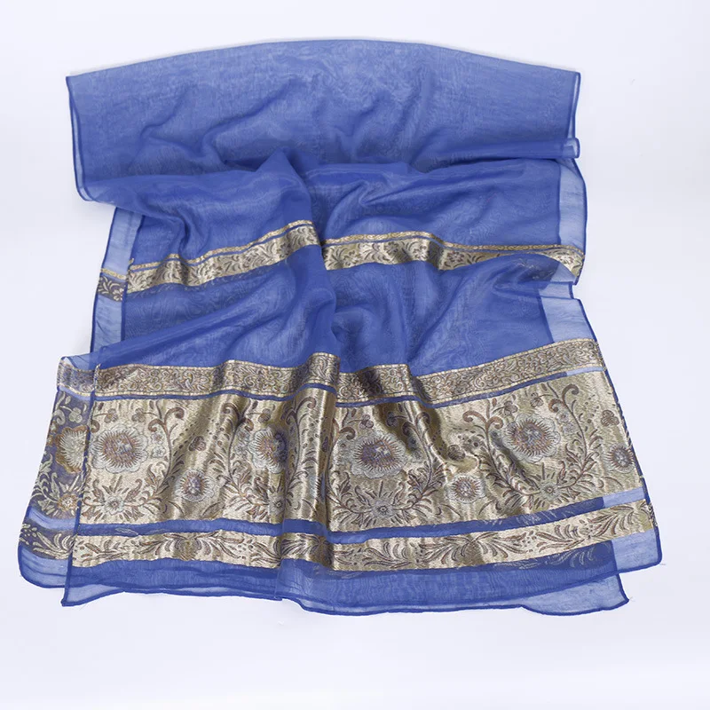 

Wholesale 2019 New Design Glitter Shimmer Muslim Hijab High Quality Organza Gold Flower Print Long Silk Indian Scarf