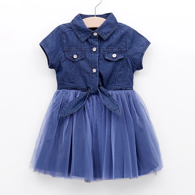 

Girls Dress Denim Net Yarn Short-Sleeved Lapel Button Decoration Summer Girls Clothes Princess Party Kids Dresses For Girls