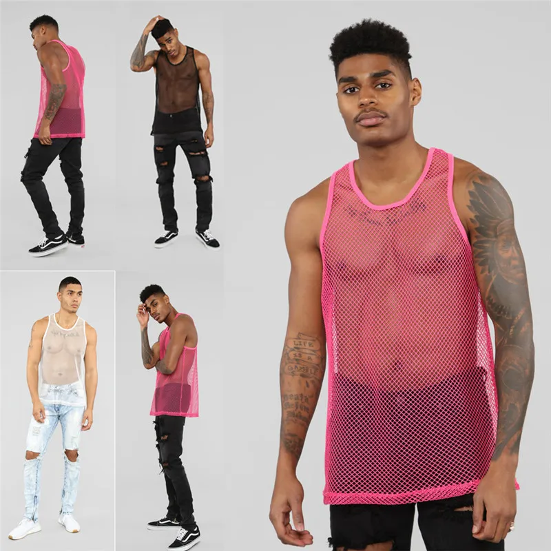 

Sexy Men Sleeveless Mesh Sheer Tank Vest Tops Outwear Gym Training Tank Vest Fish Net Hollow Out See Through Sporting Clothing