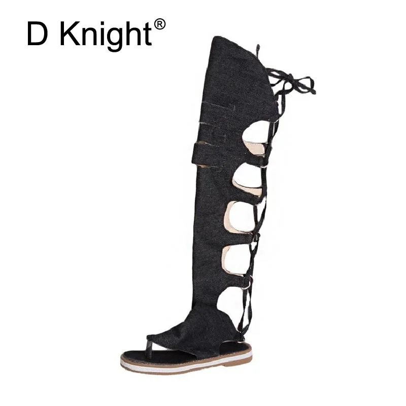 New Women's Summer Shoes Fashion Denim Knee High Women Gladiator Sandals Sexy Back Cross Tied High Top Flip Flops Beach Sandals (12)