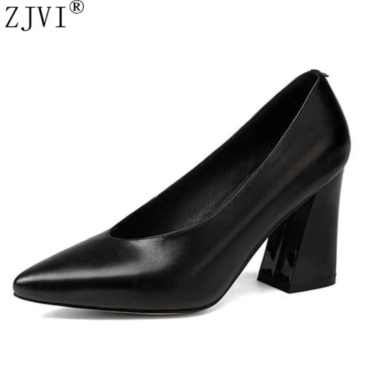 

ZJVI women genuine cow leather pumps woman thick high heels pointed toe shoes ladies fashion 2018 spring autumn black shoes