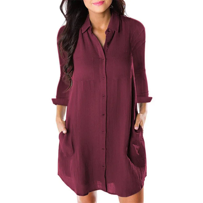 

Casual Button With Pockets Blouse spring Women Long Shirts Streetwear Long Sleeve Wine Red Black Shirt Women Harajuku Tops
