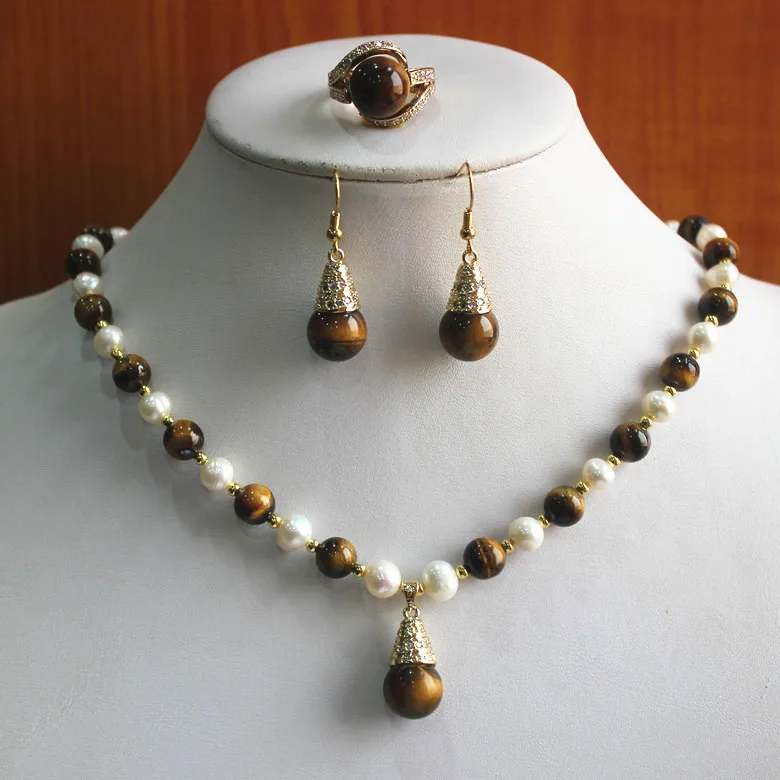 

birthday gift! jewelry set!Wholesale noble Women's white pearl mixed tiger eye stone Necklace earring ring(7/8/9) set #220 (D)