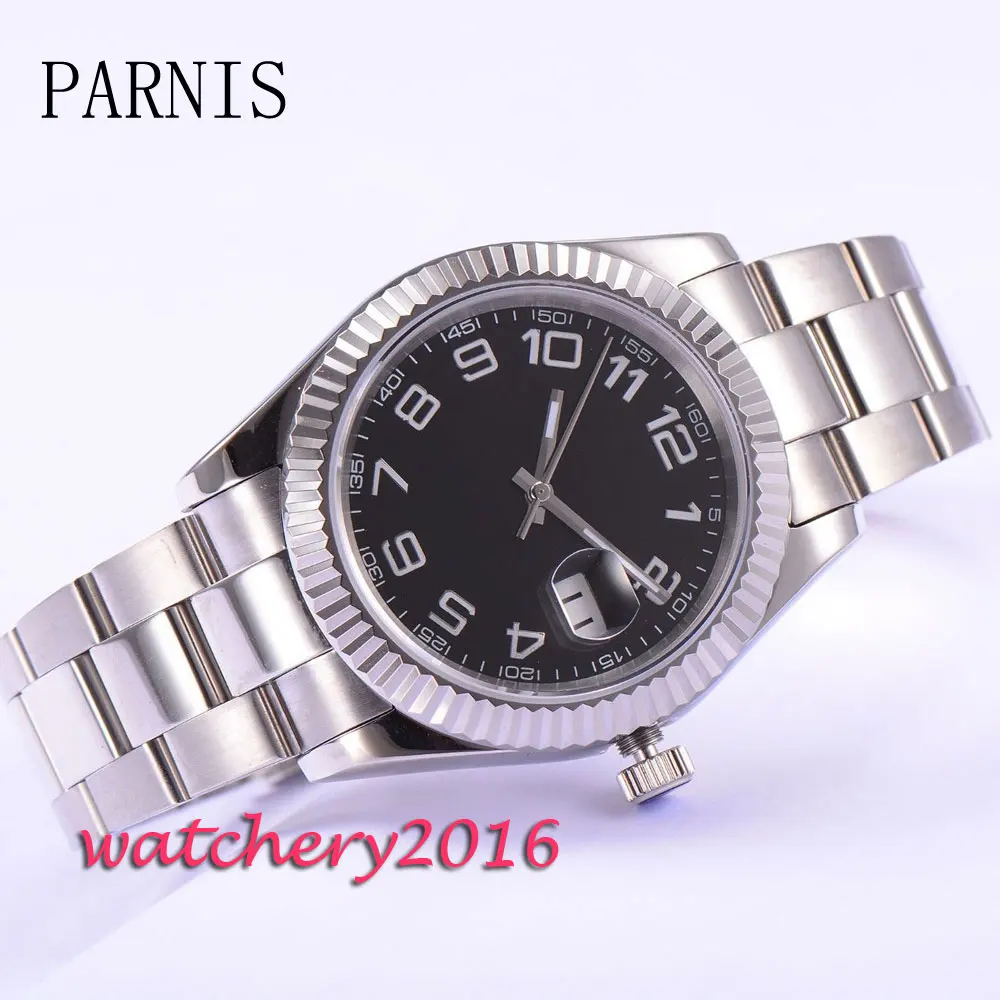 

Stainless steel 40mm Parnis Black Dial Roman numerals date window saphire glass automatic Men's Watch