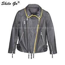 Большие размеры, модные женские туфли высокого качества из овечьей кожи с отворотом, желтый цвет, хит, горизонтальная полоска, Мотоциклетные Куртки из натуральной кожи